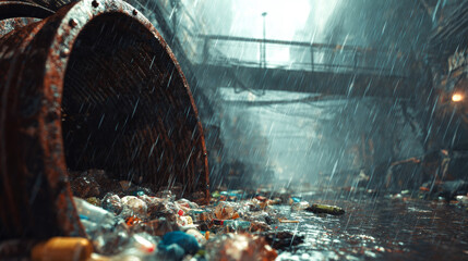 Rusty pipe with plastic waste and garbage in rainy urban sewer street with bridge above
