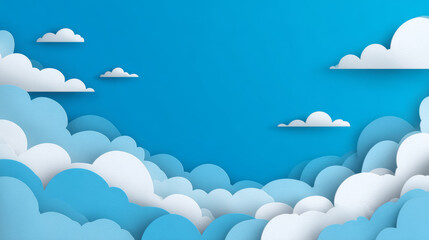 Blue sky background with white clouds in paper cut style creating calm and peaceful atmosphere