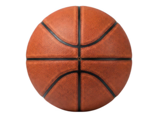 A single orange basketball with black stripes, isolated on a white background for sports and recreation concepts