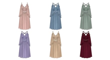 Elegant dresses collection in various colors on white background