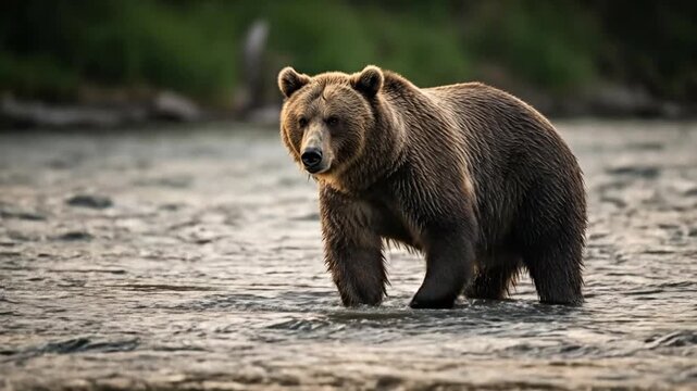 Brown bear wading in a shallow river stream on a sunny day in Alaska, wildlife nature scene