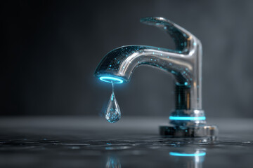 Futuristic water faucet with glowing blue light and single water drop falling, symbolizing technology and innovation
