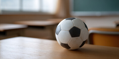 Soccer ball classroom desk sunlight blurred background quiet mood