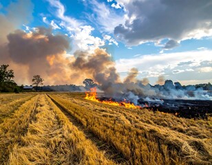 Fototapeta premium Devastating Wildfire Consuming a Field of Dry Grass Under a Cloudy Sky.