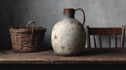Rustic Still Life Composition featuring Woven Basket and Textured Ceramic Jug on Wooden Table with Chair