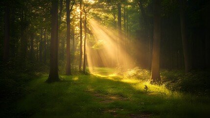 Obraz premium Sunbeams illuminate a path through a lush, green forest.
