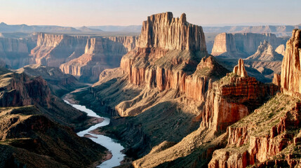 Dramatic canyon landscape with tall rock formations and winding river during sunset