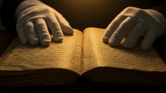 Hands in white gloves turning pages of an old book.