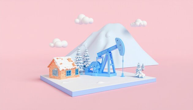 Whimsical winter scene with a charming house and oil pump against a snowy mountain backdrop, perfect for energy industry themes or holiday promotions