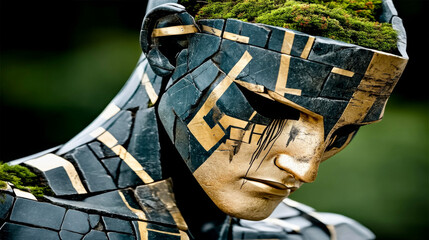 Statue with green elements shows art and nature blend in urban setting