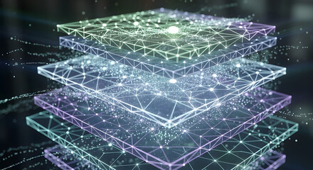 Digital Data Layers Visualization, Abstract Technology Concept, 3D Network Structure, Futuristic Environment, Isometric View