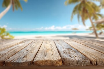 Wooden Tabletop on Tropical Beach with Palm Trees and Turquoise Water and Blurred Background