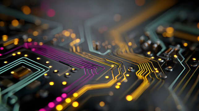 Generative AI abstract illustration of high angle of colorful circuit with narrow paths