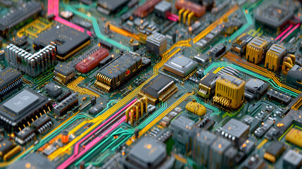 Generative AI abstract illustration of high angle of colorful circuit with narrow paths