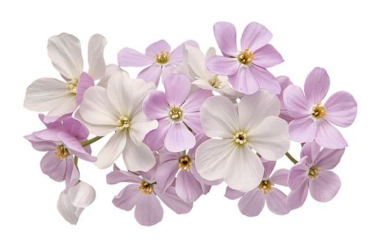 Delicate cluster of small white and purple blossoms, showcasing natural beauty and fresh spring vibes against a pristine white background