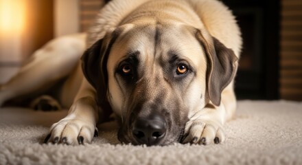 Obraz premium Portrait of a soulful Anatolian Shepherd dog resting comfortably indoors near the fireplace