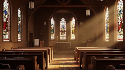 Serene Church Interior with Stained Glass and Sunbeams