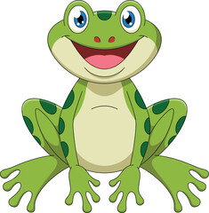 Happy cartoon frog character with big blue eyes sitting and smiling perfect for kids book illustration wildlife design and decorations