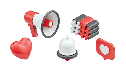 Collection of 3D Social Media Icons Including Megaphone Heart Bell and Hashtag elements on transparent background with realistic lighting and studio rendering