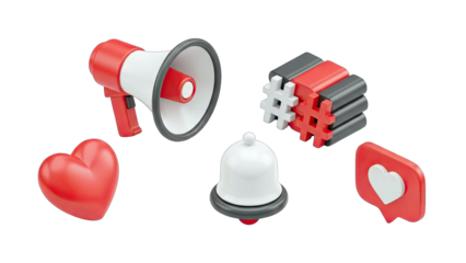 Collection of 3D Social Media Icons Including Megaphone Heart Bell and Hashtag elements on transparent background with realistic lighting and studio rendering