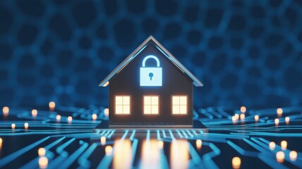 Digital Home Security: A house silhouette, its windows glowing warmly, a digital padlock symbolizing protection, resting on an intricate circuit board background.