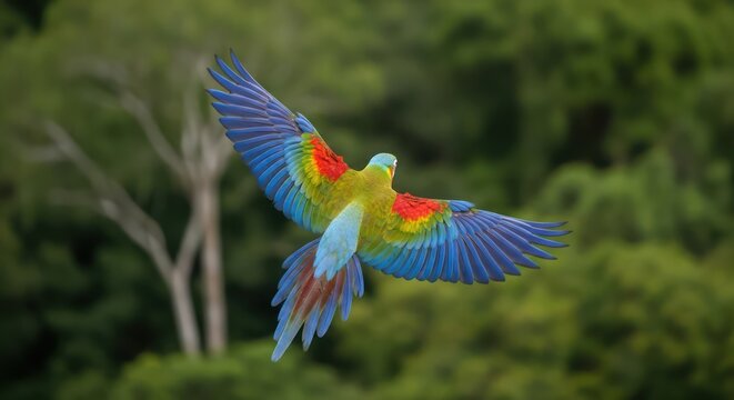 Spectacular vuelo del loro de la amazonia resaltando su plumaje vibrante y colorido
