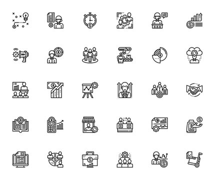 Business Management icon set. Vector illustration. Icludes symbols for strateg, productivity, team, proft, market, analysis, presetation and more.