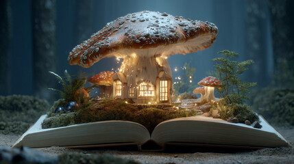 A whimsical mushroom house on an open book with fairy lights in a magical forest scene