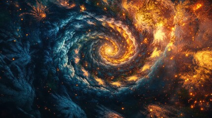 Fiery cosmic swirl, nebula, galaxy, swirling clouds of fire and ice.