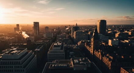 Panoramic cityscape at golden hour with historical and modern architecture.