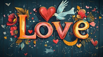 Colorful "Love" text with floral elements, hearts, and dove on a wood background.
