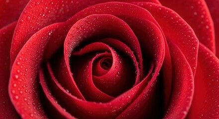 Close-up of a vibrant red rose bloom adorned with delicate water droplets.