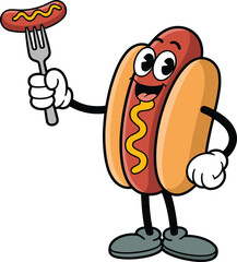 Smiling Hot Dog Mascot Holding Fork with Mini Sausage – Fun Cartoon Food Vector