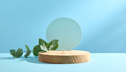Wooden empty podium for presentation or advertising round product display on blue background with green eucalyptus leaves and shadows concept of scene stage for natural products or promotion sale
11