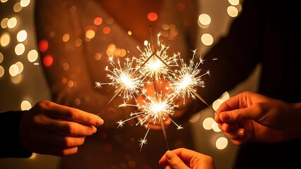Close-up of hands holding shimmering sparklers against festive bokeh lights