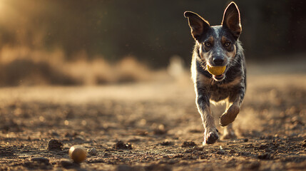 Running dog carrying ball in mouth on dirt ground with warm sunlight and shallow depth of field creating bright and lively outdoor scene full of energy and motion