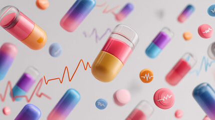 Floating capsules and heart rate icons in a vibrant and modern medical themed composition