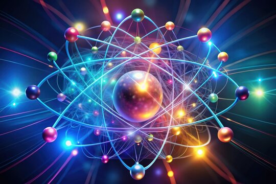 A vibrant abstract representation of subatomic particles orbiting a central nucleus, depicting the complex and dynamic nature of matter at its most fundamental level.