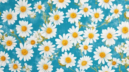 Teal background with many white daisies.