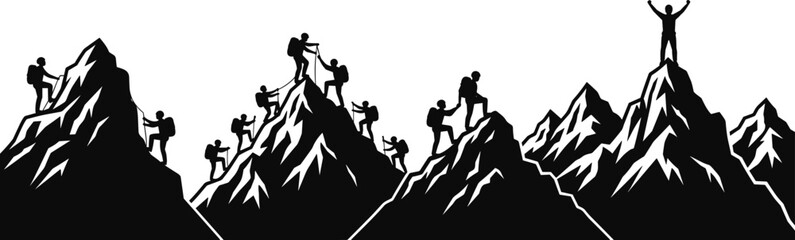 WebBlack Silhouette Mountain Climbers and Mountaineering Scene: Vector Illustration of People Reaching Peak, Climbing, and Achieving Goal on Jagged Rocky Mountains Panorama.