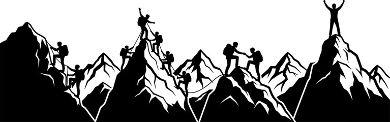 Mountaineering Team Success and Achievement Vector Illustration | Black Silhouette of Hikers Climbing Mountain Peaks, Reaching Summit, and Helping Each Other.