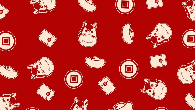 Festive CNY 2026 looping animation with cute horse icons, gold ingots, and red envelopes on a red background. Seamless pattern ideal for greetings, social posts, ads, and celebration videos.