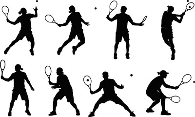 Black silhouette vector set of male tennis players in various aggressive action poses, showing powerful serves, forehands, and volleys; dynamic sports graphic for athletic competition.