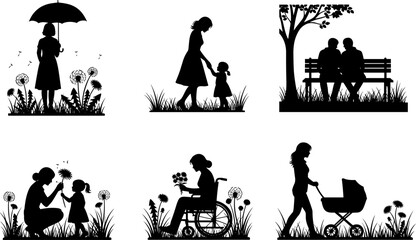 Black silhouettes of family life, motherhood, and aging; diverse scenes including mother and child, walking, wheelchair, umbrella, and elderly couple on park bench.