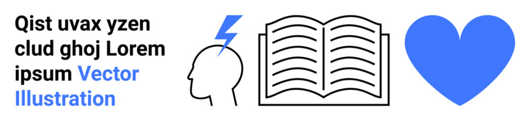Education, communication, mental health, information, knowledge, creativity. Head with a lightning bolt, open book blue heart. Education and communication concept