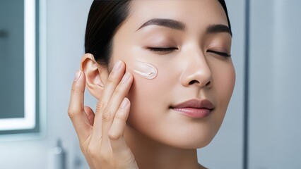 Asian Woman Applying Moisturizer Cream on Her Face for Daily Skincare Routine and Beauty Treatment Against White Wall in Minimalist Modern Bathroom Studio Shot Exact 200 Characters