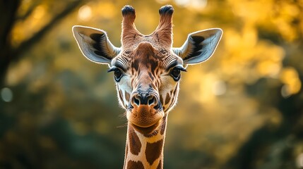 A close-up portrait of a giraffe looking directly at the camera with a warm yellow and orange bokeh background.