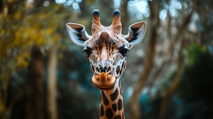 A close-up portrait of a giraffe with a curious expression, looking directly at the camera against a blurred background of trees.