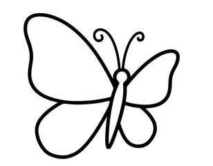 Simple black and white line drawing of a butterfly with curled antennae