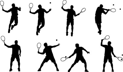 Black vector silhouettes of male tennis players jumping and hitting the ball in various dynamic poses; collection includes smash, serve, and volley action shots for sports design.